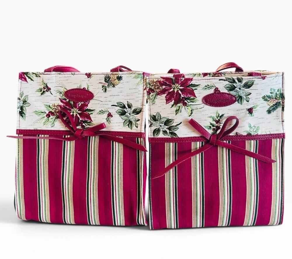 2-Longaberger Holiday Gift Bags Fabric Holiday Stripe Botanical Poinsettia NEW